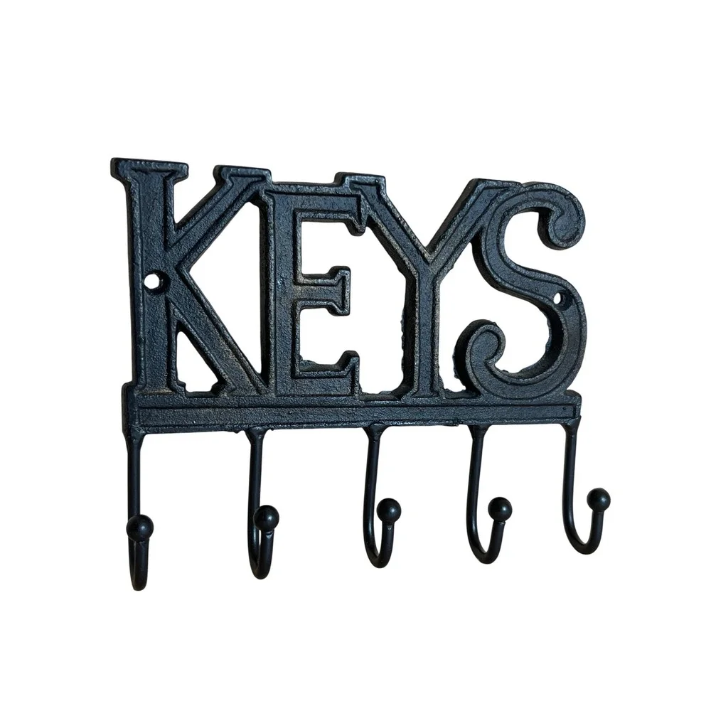 Vintage Cast Iron Wall Mounted Key Rack 5 Hook Entryway Organizer Black Rustic